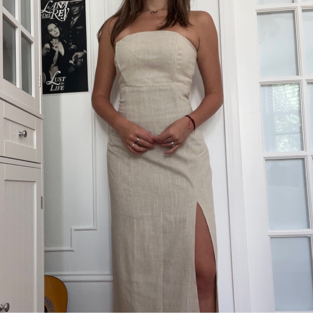 Porridge | Strapless Linen Midi Dress with Slit |